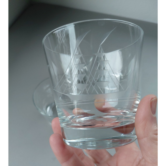 Vintage Other - 4 Crystal Clipper Bar Glasses Rock Etched Ships Double Mast Schooner Dadcore VTG